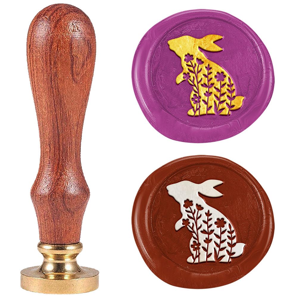 DELORIGIN Wildflowers Rabbit Wax Seal Stamp 1" Vintage Animals Sealing Stamps Removable Brass Head Seal Stamp with Wooden Handle for Envelope Greeting Card Invitations Wine Gift Wrapping