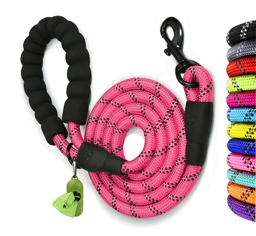 Rope Dog Leash with 120 x 1.2 cm Soft Padded Handle Reflective Lead and Multi Colour for Small Dogs, Pink