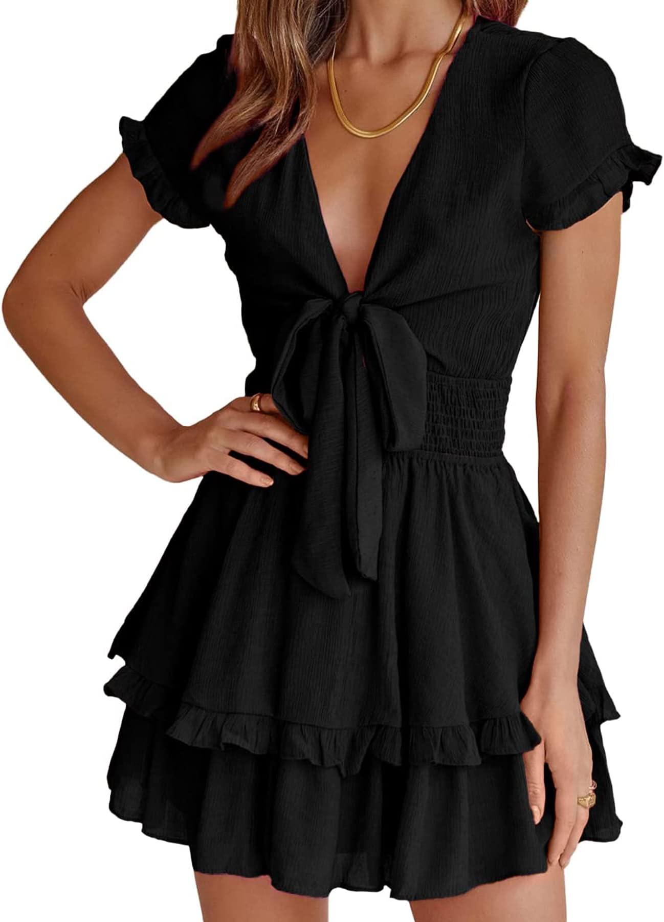 PRETTYGARDEN Women Summer Short Dress 2026 Casual V Neck Short Sleeve Tiered Bow Mini Sun Dresses Beach Vacation Sundress