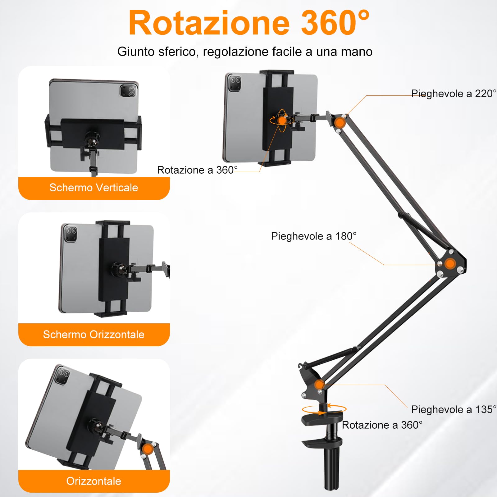 Supporto Tablet, Porta Tablet da Letto Rotazione a 360°,Adatto per Telefoni Cellulari o Tablet da 4,7-13 Pollici, Adatto per il Fissaggio su Superfici Piane con uno Spessore Massimo di 6,5 cm