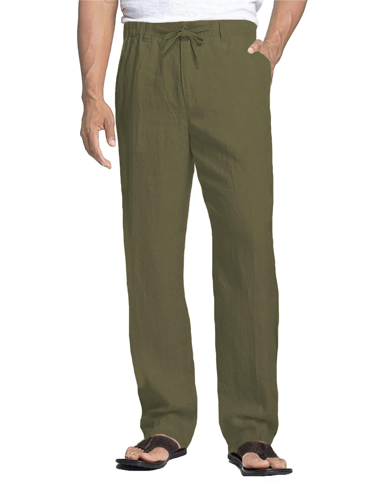Cegerne Pantaloni di Lino Uomo Estivo Lungo Leggero Casual, Vita Elastica Zip e Coulisse, Tasche Traspiranti per Spiaggia Vacanze Quotidiano