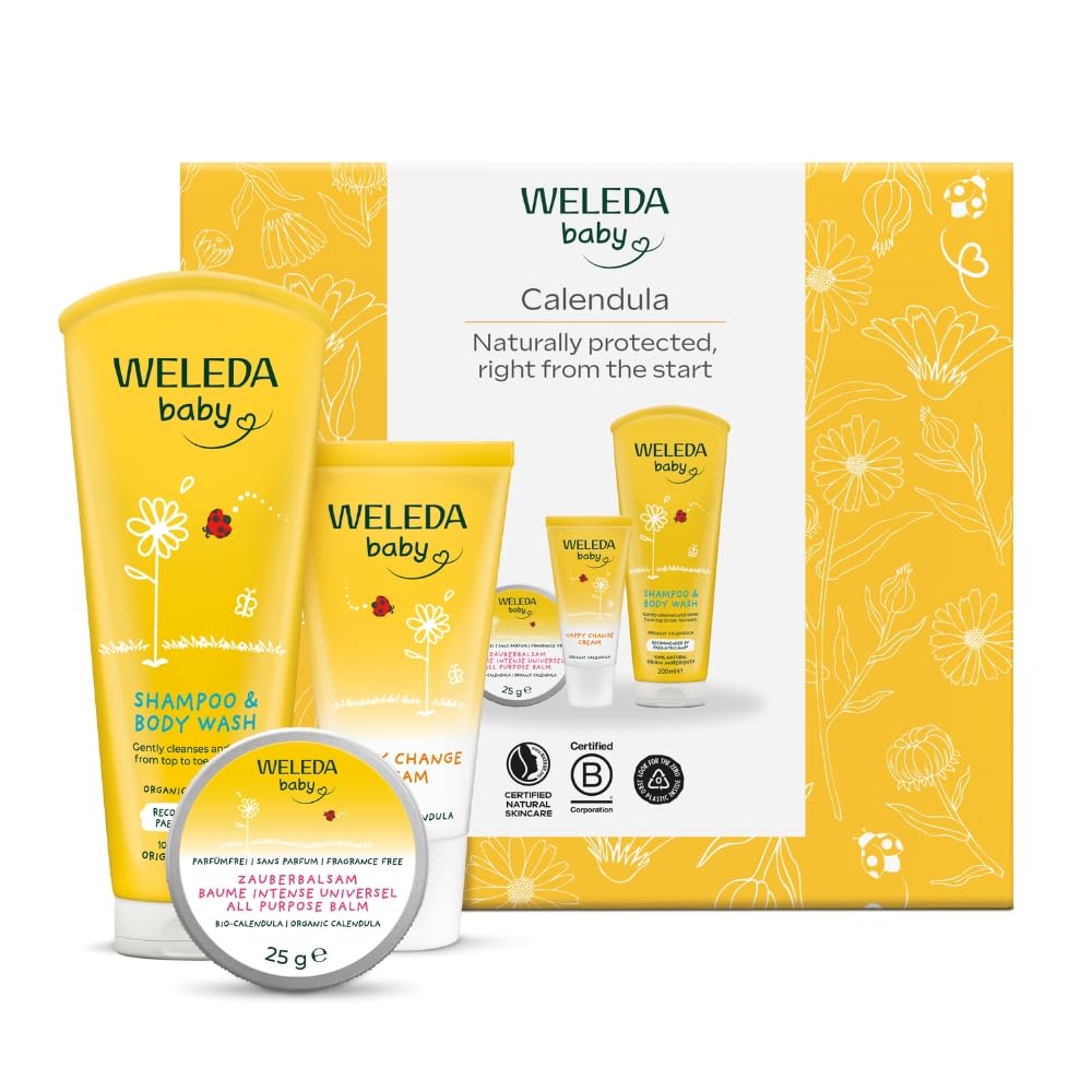 Weleda Baby Set, 3in1 Baby Skin Care Gift Set, Dermatologically Tested, Certified Natural, Shampoo & Body Wash + All Purpose Balm + Nappy Cream