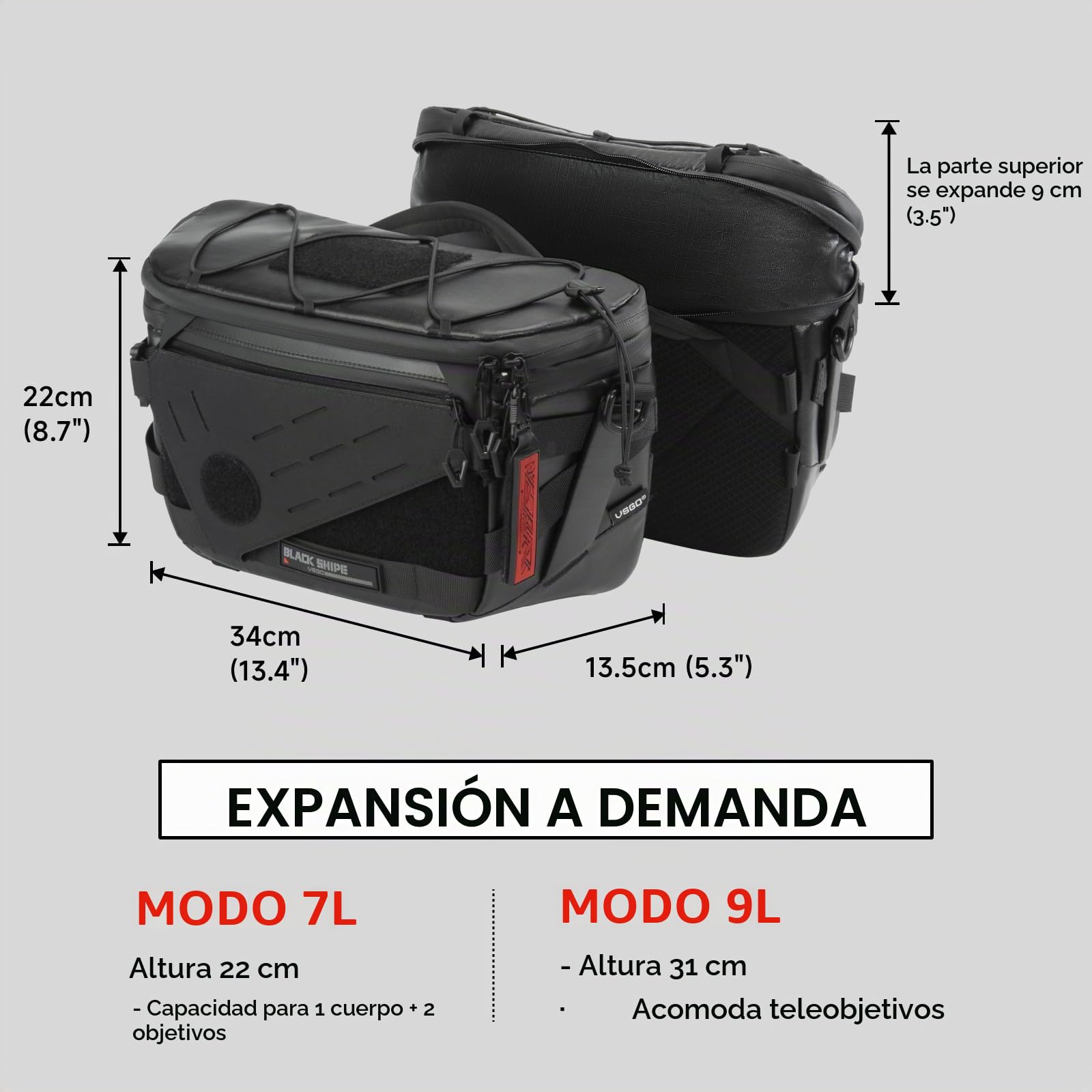 VSGO Black Snipe Pro Bolsa de Bandolera Expandible 7-9L para Cámara – Tejido Techwear Impermeable, Anti-Torsión, Divisores Modulares y Soporte para Trípode, Bolsa de Cámara Profesional Ligera – Negra
