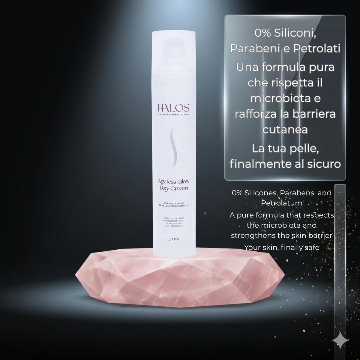 Halos Ageless Glow Day Cream – Crema Giorno Neurocosmetica Acetyl Tetrapeptide-2 e Acido Ialuronico – Antirughe Lifting Naturale e Pro-Age – Airless – Formula Biocompatibile – 50ml