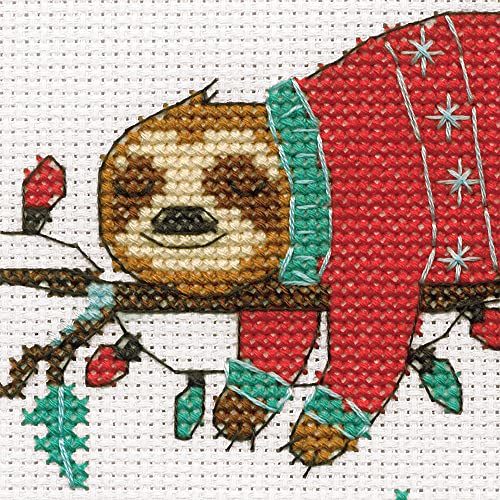 Image of Dimensions 72-09004 Holiday Sloth Christmas Counted Cross Stitch Kit for Beginners, 6 inch D, 14 Cnt. White Aida, 5pcs