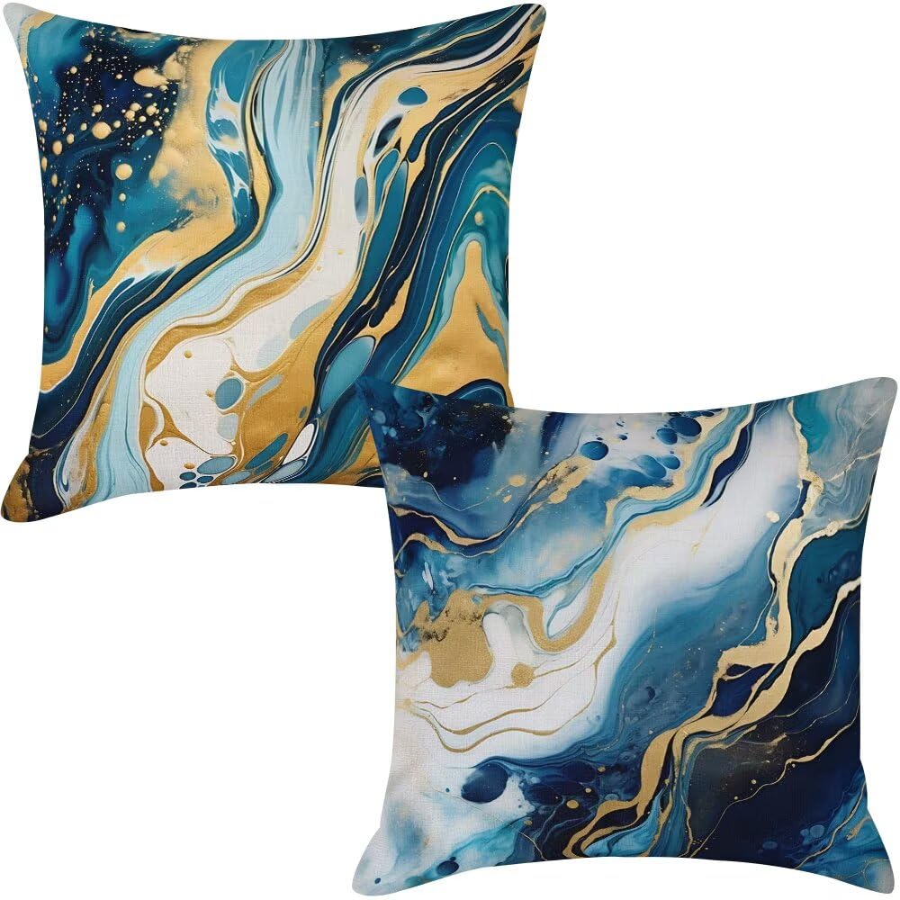 Federe Cuscini da Esterno Impermeabili 65x65 Blu Copri Cuscini per Divano Marmo Federa Cuscino Astratto Decorativi Copricuscini per Divano Giardino Patio Soggiorno Copricuscino Set di 2 (IU325)