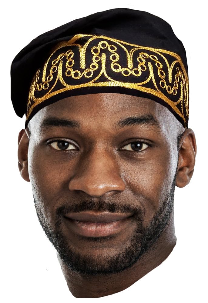 Adebo African Black Kufi Hat with Gold Embroidery
