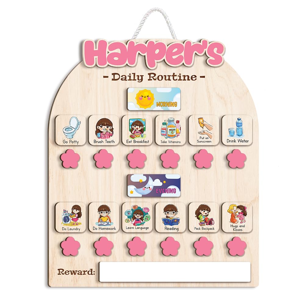 Personalized Wooden Chore Chart for Kids, Daily Routine Chart for Toddlers, Visual Schedule for Kids Age 3-5, Morning Bedtime Routine for Girls (02_1)