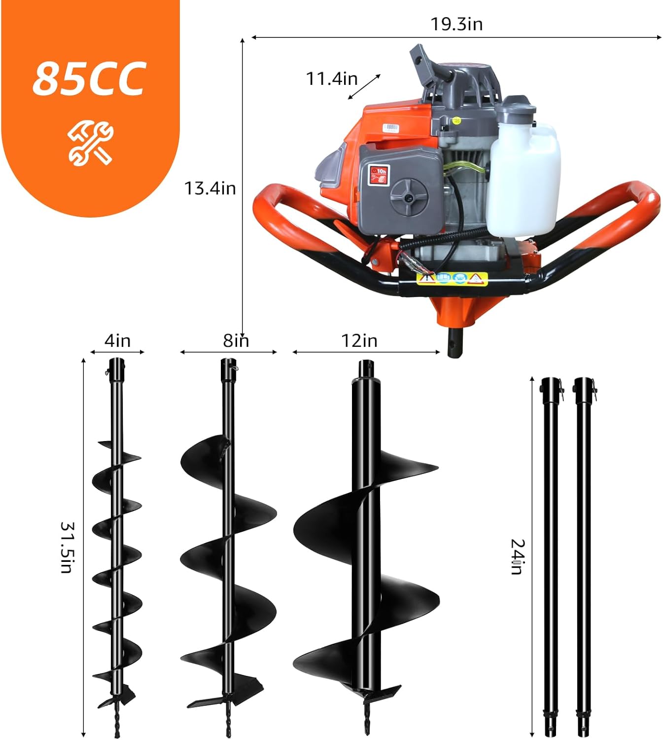 85CC 2-Stroke Gas Powered Post Hole Digger with 4" & 8" & 12" Auger Bits + 24“ & 24" Extension Rod, Heavy Duty Earth Auger for Farm, Garden, Landscaping, Construction