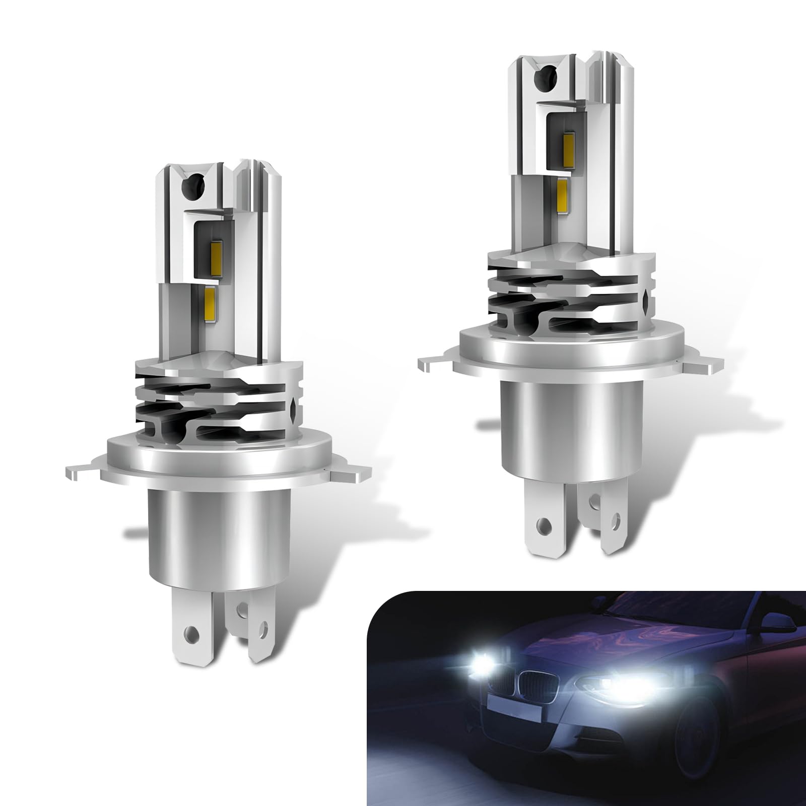 2 PCS H4 Car LED Spotlight Bulb Replacements, 9-32V 24W 6000K Waterproof Metal Vehicle Lighting Bulb Accessories, Universal Super Bright Automotive Lights Bulb for Truck SUV Car (White Light)