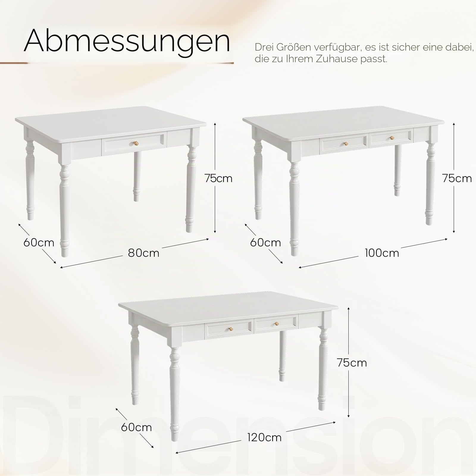 Schreibtisch Massivholz Landhausstil 120x60 cm Weiß, großer Profi Computertisch für Dual Monitor mit Massivholz Schubladen wackelfrei