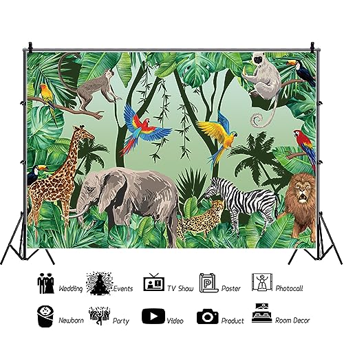 7x5ft Tropical Jungle Safari Animals Backdrop Tropical Forest Jungle Animal Photography Background Boy Birthday Baby Shower Birthday Party Banner Decoration Supplies Newborn Photo Booth Props