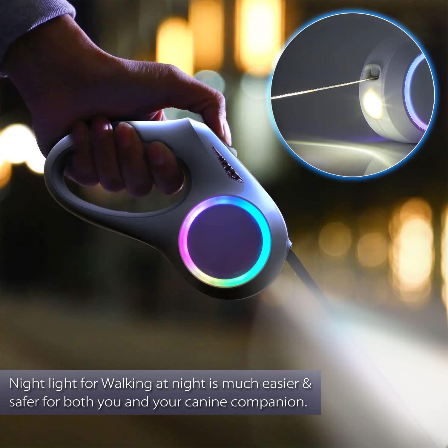 Laisse rétractable pour chiens de petite et moyenne taille pesant jusqu'à 27,2 kg – 4,9 m – Laisse rétractable avec lumière LED – Rechargeable, anti-nœuds et poignée antidérapante (blanc, 4,9 m)