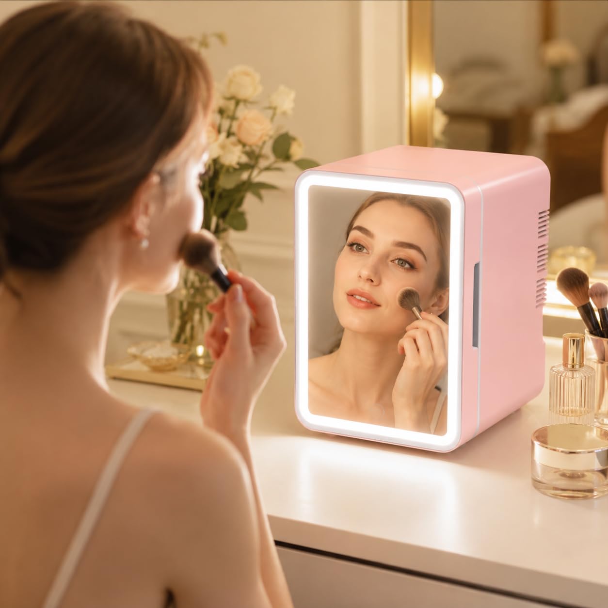 Mini Nevera 6L con Espejo LED, Mini Frigorífico y Calentador para Cosméticos y Coche, Portátil DC12V/AC220V, Rosa, Espejo con luz, enchufe americano