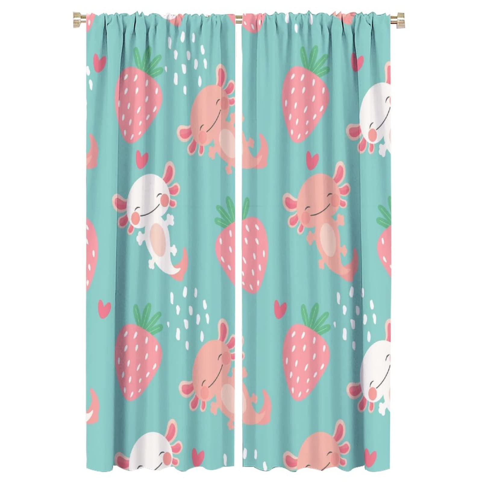 INSFBRB Funny Cute Strawberry Blackout Curtains for Bedroom - Girls Cartoon Axolotls Fruit Theme Strawberry Lover Design Window Curtains,Rod Pocket