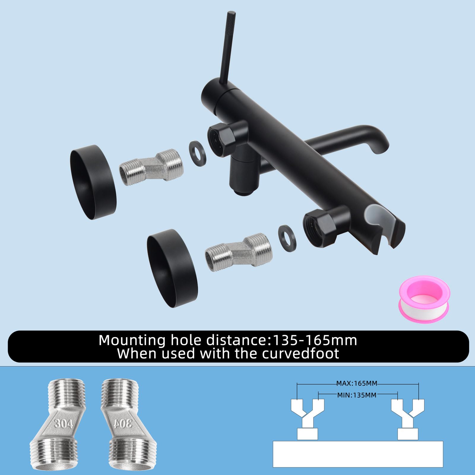PHASAT Rubinetto Vasca da Bagno con Doccetta, Miscelatore Monocomando Doccia Esterno con Doccetta, Rubinetto a Parete Bagno Bocca girevole a 90°, Nero PTBB27E