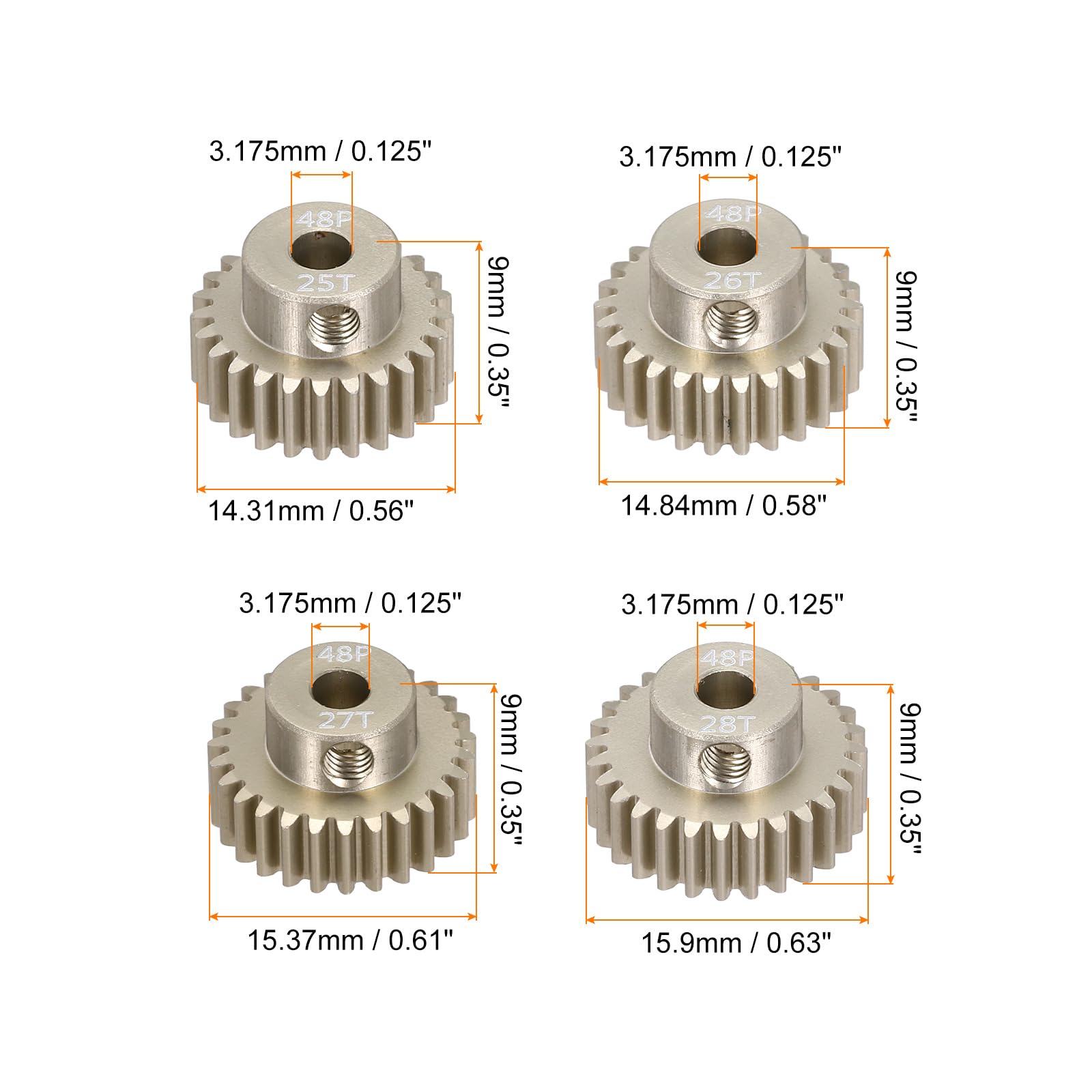QUARKZMAN 4uds RC 48DP Motor Piñón Engranaje 3.175mm Eje 25T/26/27/28T Endurecido Piñón Engranajes Aluminio para 1/10 1/12 RC Modelo Coche RC Motor