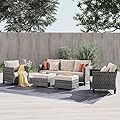 ovios Patio Furniture Set, 5 Pieces Outdoor Wicker Rattan Sofa Couch with Chairs, Ottomans and Comfy Cushions, All Weather High Back Conversation Set Garden Backyard, Beige