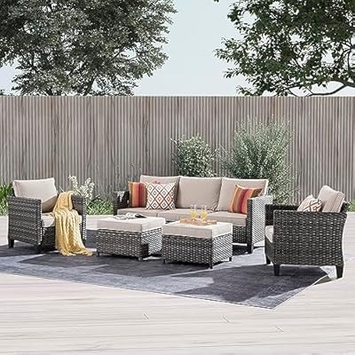 ovios Patio Furniture Set, 5 Pieces Outdoor Wicker Rattan Sofa Couch with Chairs, Ottomans and Comfy Cushions, All Weather High Back Conversation Set Garden Backyard, Beige