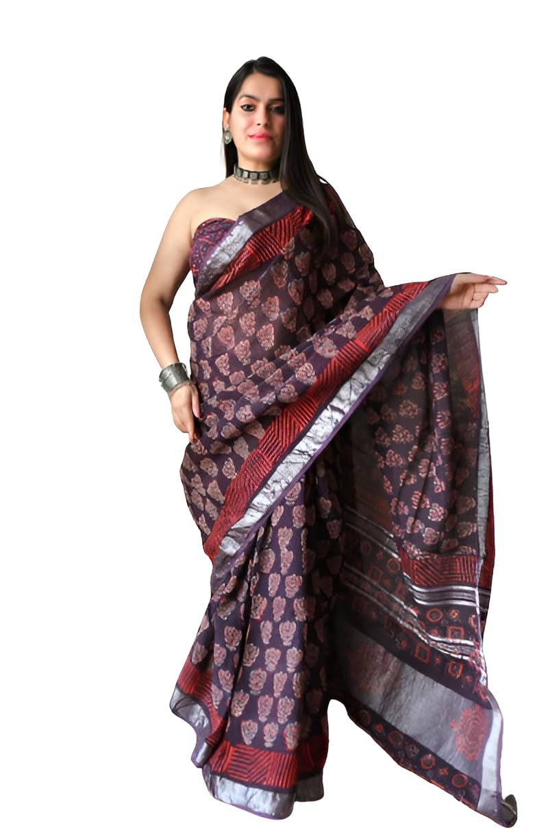 Baby deals Women’s Hand Block Ajrakh Kalamkari Batik Indigo Printed Cotton Linen Saree With Blouse(Mixed with silver border) Baby deals Women’s Hand Block Ajrakh Kalamkari Batik Indigo Printed Cotton Linen Saree With Blouse(Mixed with silver border)