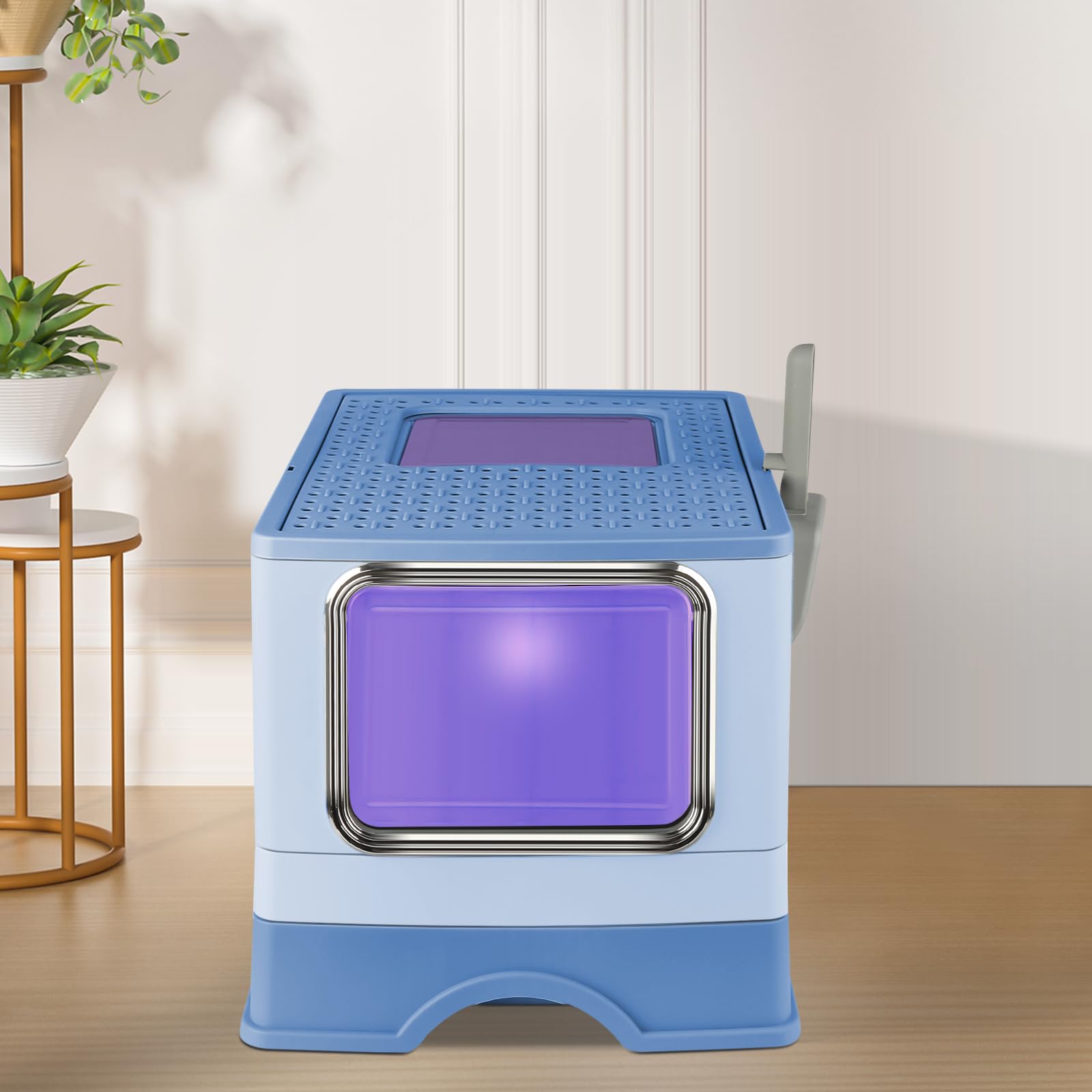 Bandeja para cama de gato, con pala incluida, bandeja extraíble, 2 aberturas (52 x 39 x 39 x 39 cm-Bleu+UV)