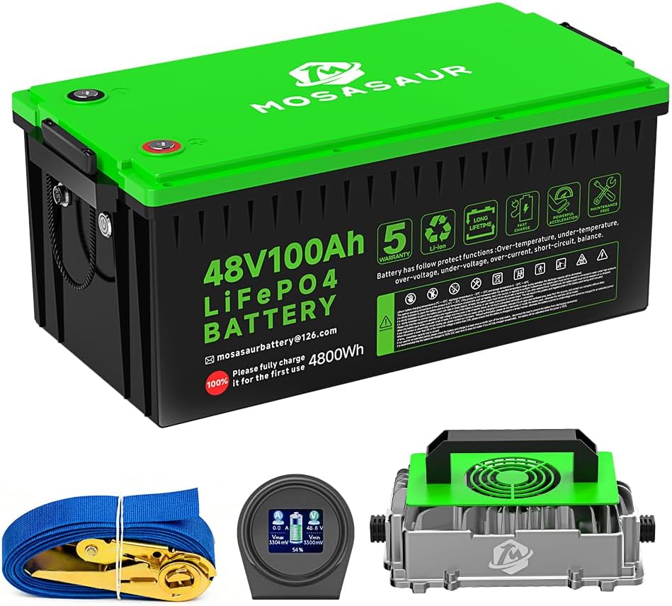 48V 100Ah LiFePO4 Golf Cart Battery, 10.24kW Peak Power & 4000+ Cycles, Built-in 200A BMS | with 48V 18A Lithium Battery Charger, LCD Screen & APP Monitoring | for Golf Carts, RV, Marine