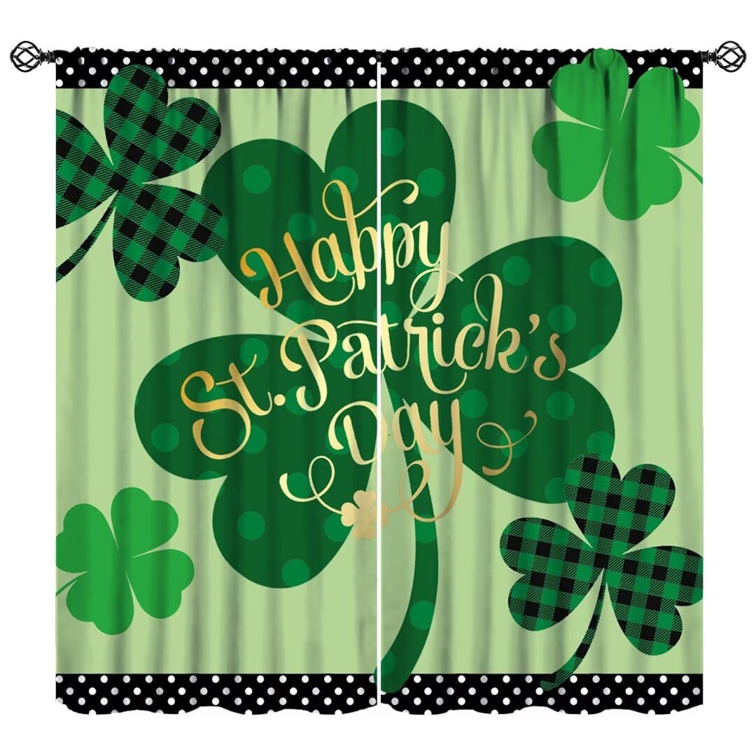 JanJCurt Shamrock Window Curtains, Happy St. Patrick's Day Curtains Clover Leaf Buffalo Check Plaid Print Window Treatments for Farmhouse Kitchen