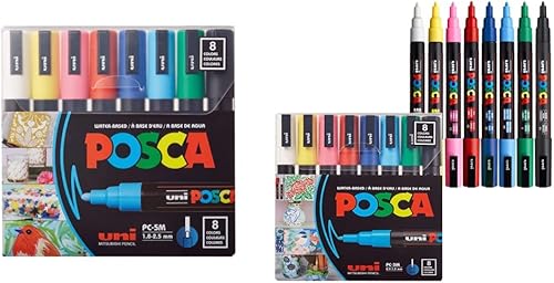 POSCA - Rotulador de pintura de punta fina, juego de 8 marcadores (PC-3M8C), multicolor y POSCA 8 colores, PC-5M M