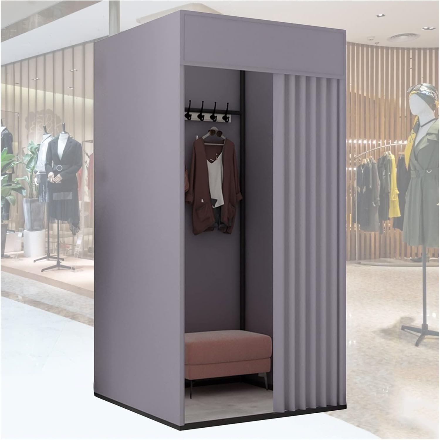 Cabine d'essayage carrée autoportante mobile avec rideaux pour centres commerciaux