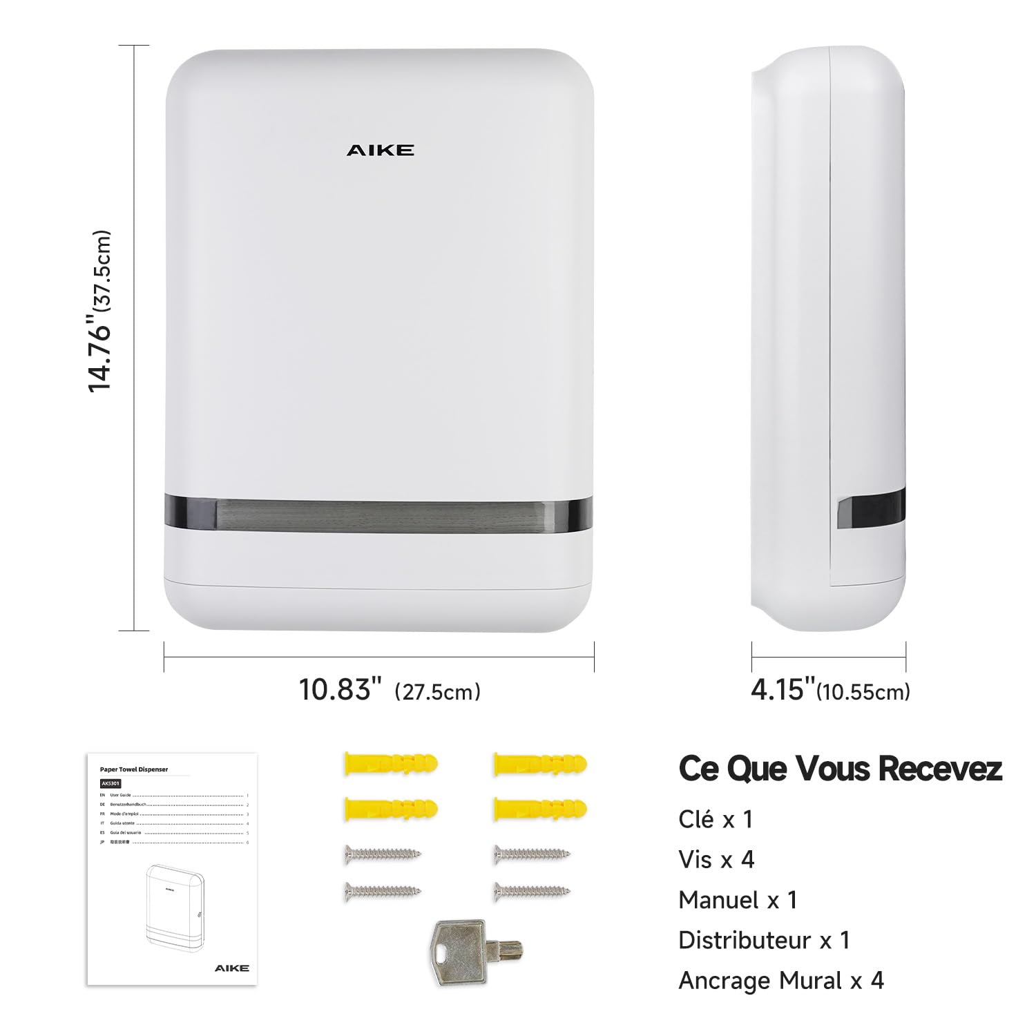 AIKE 400 Feuilles Commercial Distributeur Essuie Main,Grande Capacité Murale pour H2 & Z-Fold Les Plis de Papier de 23 X 9 cm ou Plus Petits Distributeur Papier Essuie Main pour Hôtel-Restaurant