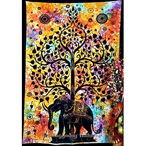 Bhagyoday Wandtapijt, katoen, handgedrukt, motief: Indiase olifant en levensboom, 137 x 218 cm