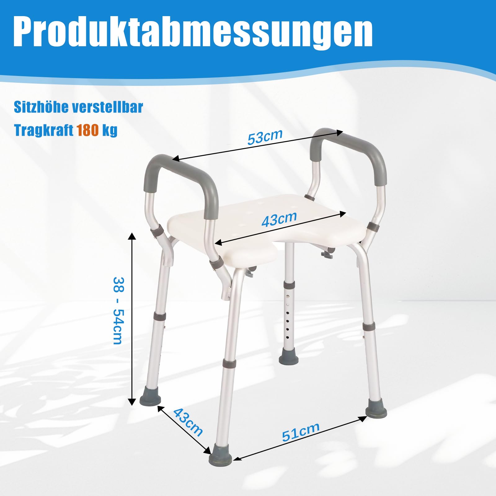 Höhenverstellbarer Duschhocker mit U-Sitz & Duschkopf-Halterung - 6-Stufen Badewannenhocker (38-67cm) aus Aluminium, rutschfest für Senioren und barrierefreies Baden