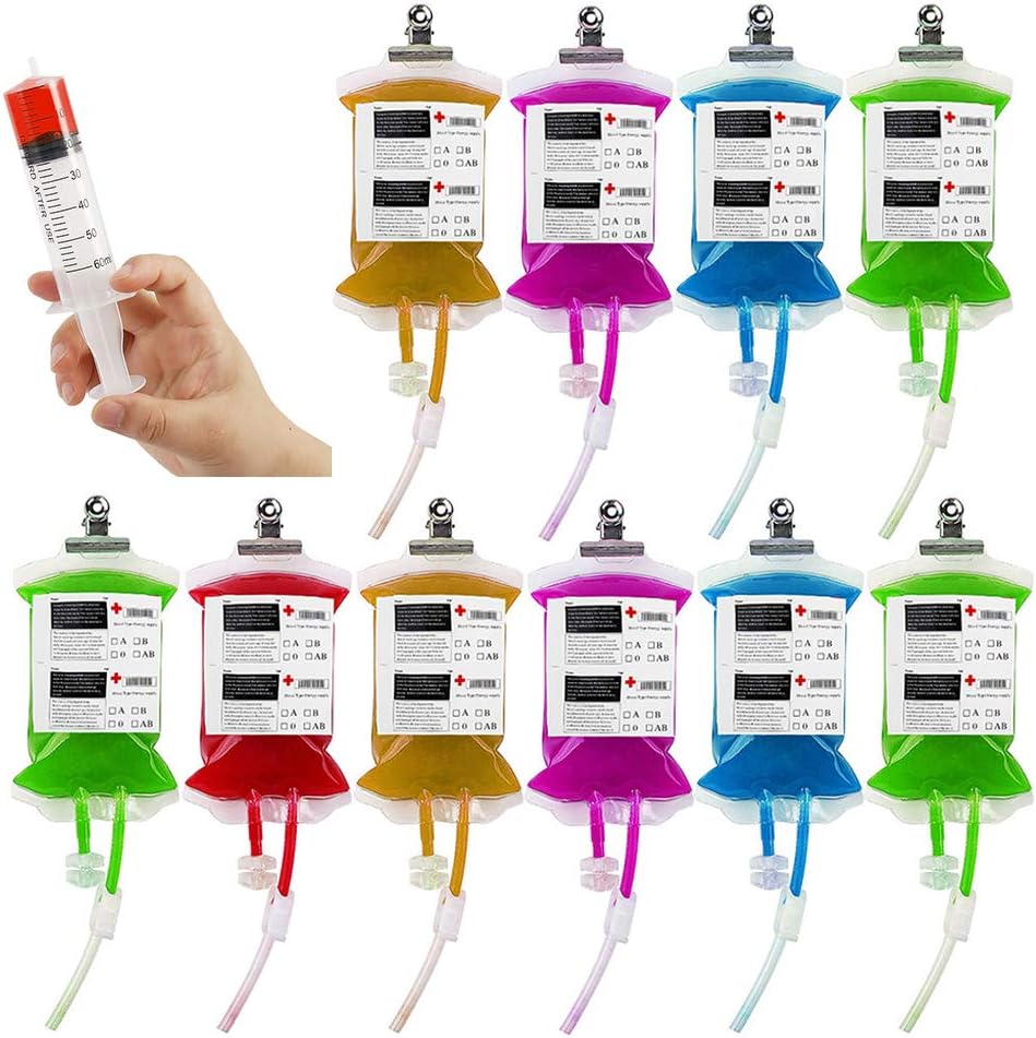 Willtone 10Pcs Halloween Blood Bag for Drinks Container for Zombie Party, Decoration, Costume with Syringe and Blood Type Stickers