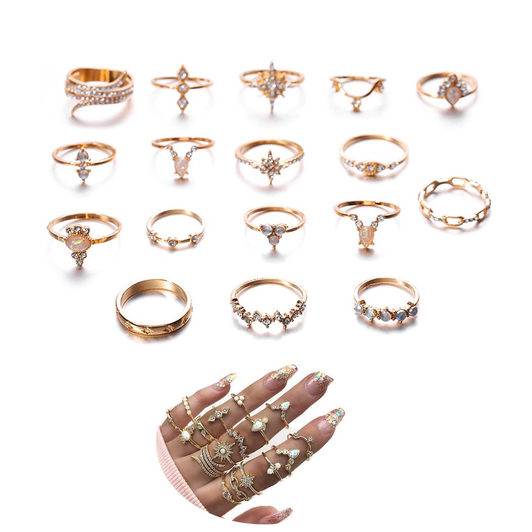 Photo 1 of USED Simsly Boho Knuckle Ring Stackable Rhinestone Gold Joint Nail Ring Crystal Knuckle Rings Set for Women and Girls(17PCS) (Set 1)
