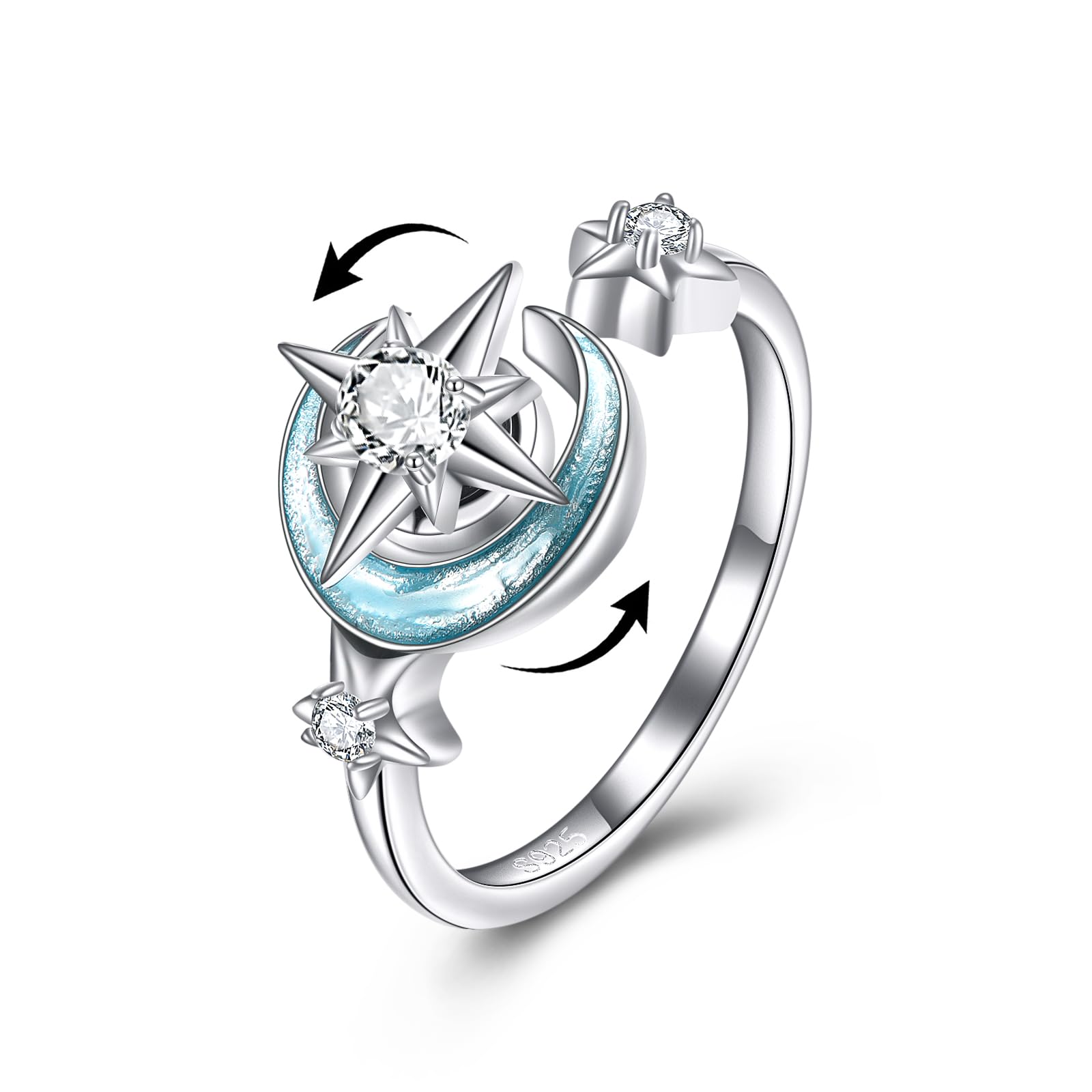 VONALA Fidget Anxiety Rings for Women Sterling Silver Moon Star Adjustable Rings for Anxiety Spinner Ring Stress Relief Rings (Zircon)