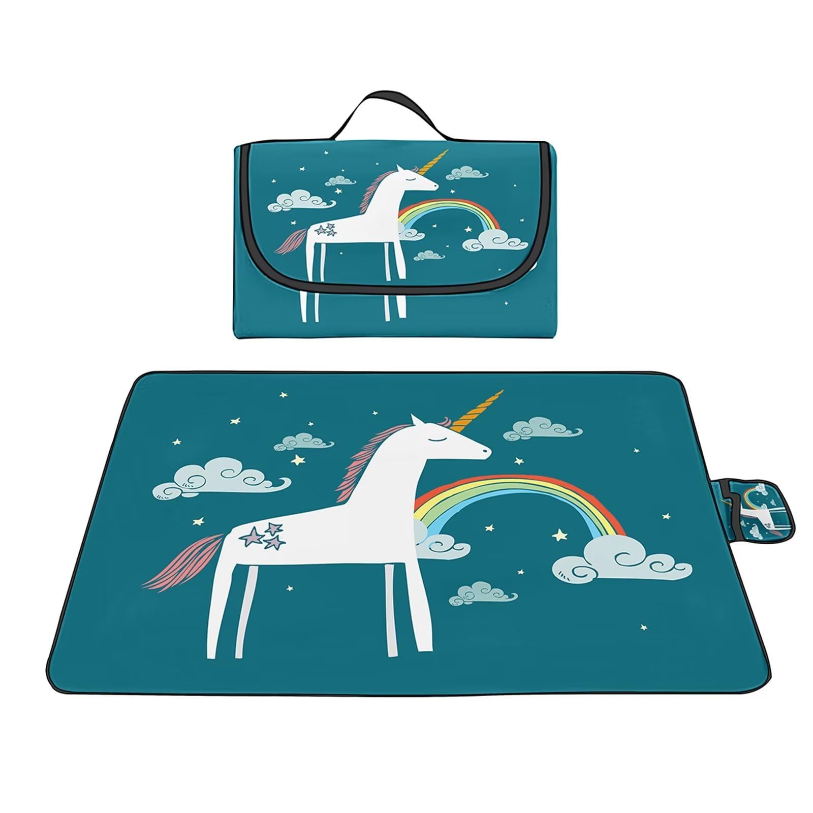 Couverture Pique-nique Imperméable 150x150cm,Couverture Plage Extérieure XXL,Dessin animé licorne arc-en-ciel Camping Couverture étanche Pique-nique avec Poignée pour Camping Randonnée Parc Plage
