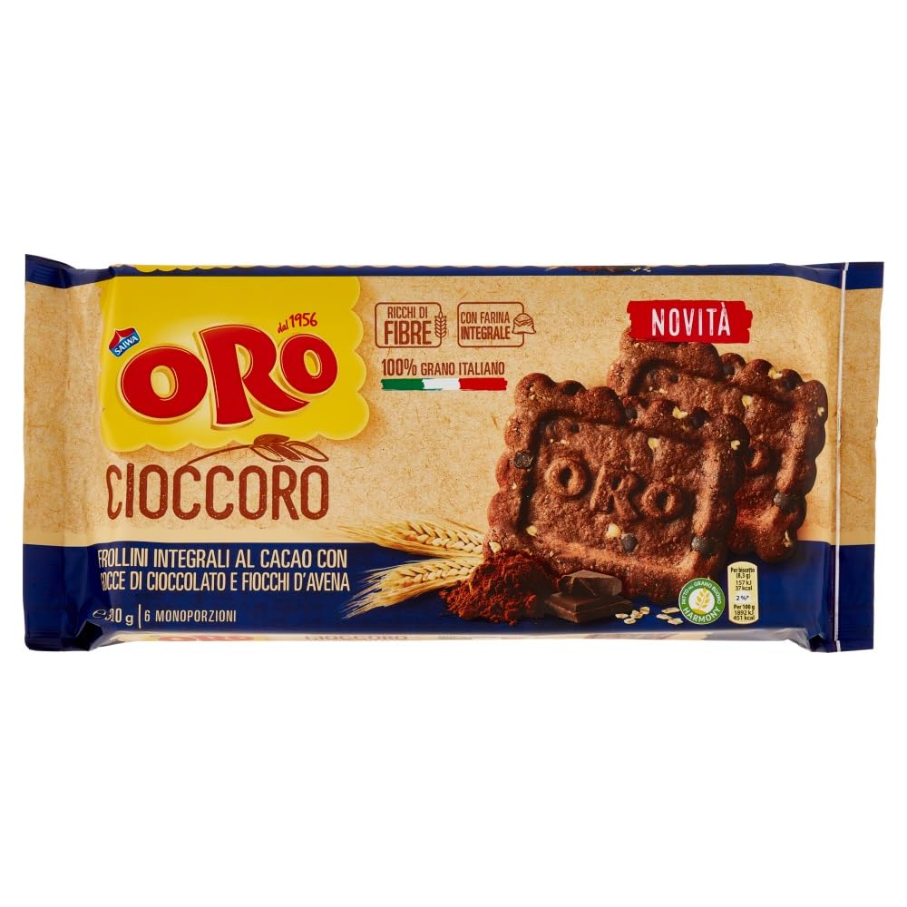 6X Oro Saiwa Cioccoro Biscotti Frollini Integrali al Cacao con Gocce di Cioccolato e Fiocchi d'Avena 300g [6 Confezioni]