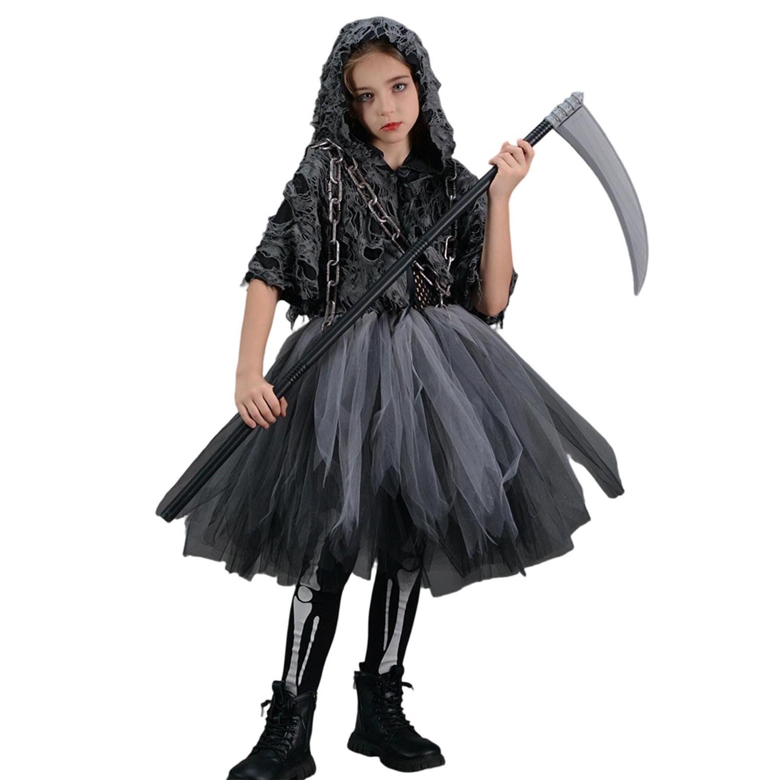 Generico Costume Morte Bambina, Costume Halloween Bambina | Abito Nero con Cappuccio, Catena & Falce Giocattolo, Bordi Strappati, Perfetto per Halloween, Ideale per il Gioco di Ruolo e13
