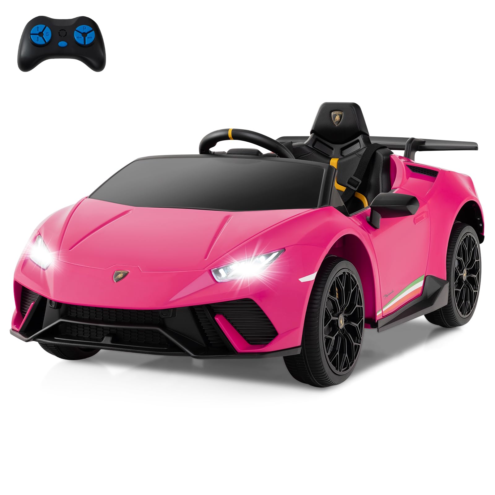 Licensed Lamborghini Huracan Ride on Car by INFANS, 12V Kids Electric Vehicle Battery Powered Toy with Remote Control, LED Lights, Spring Suspension, Bluetooth, MP3, Aged 3-8 Years (Pink)