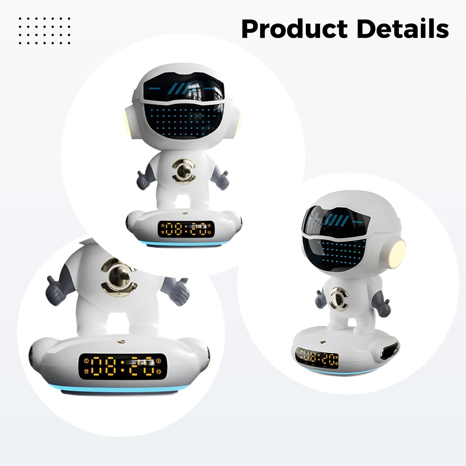 Sveglia intelligente con altoparlante wireless, luce notturna, batteria da 1800 mAh, scheda TF e ingresso AUX, design robot AI da 20 cm, per casa e ufficio