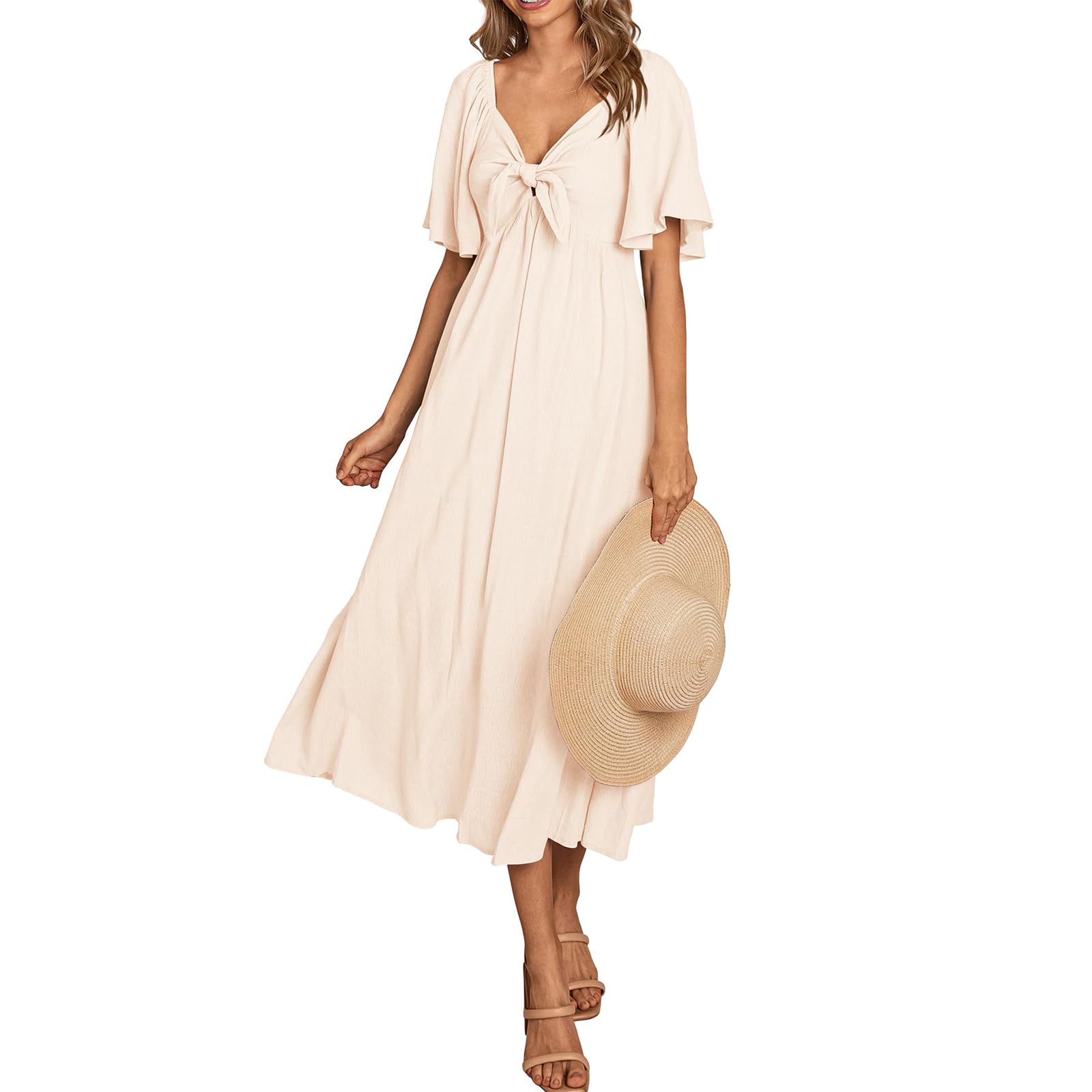 katykalen Vestido de verano para mujer, informal, manga corta, pajarita con cuello en V, volantes, midi fluida, vestido de playa, vestido de playa, informal, color liso, talla L, multicolor, L