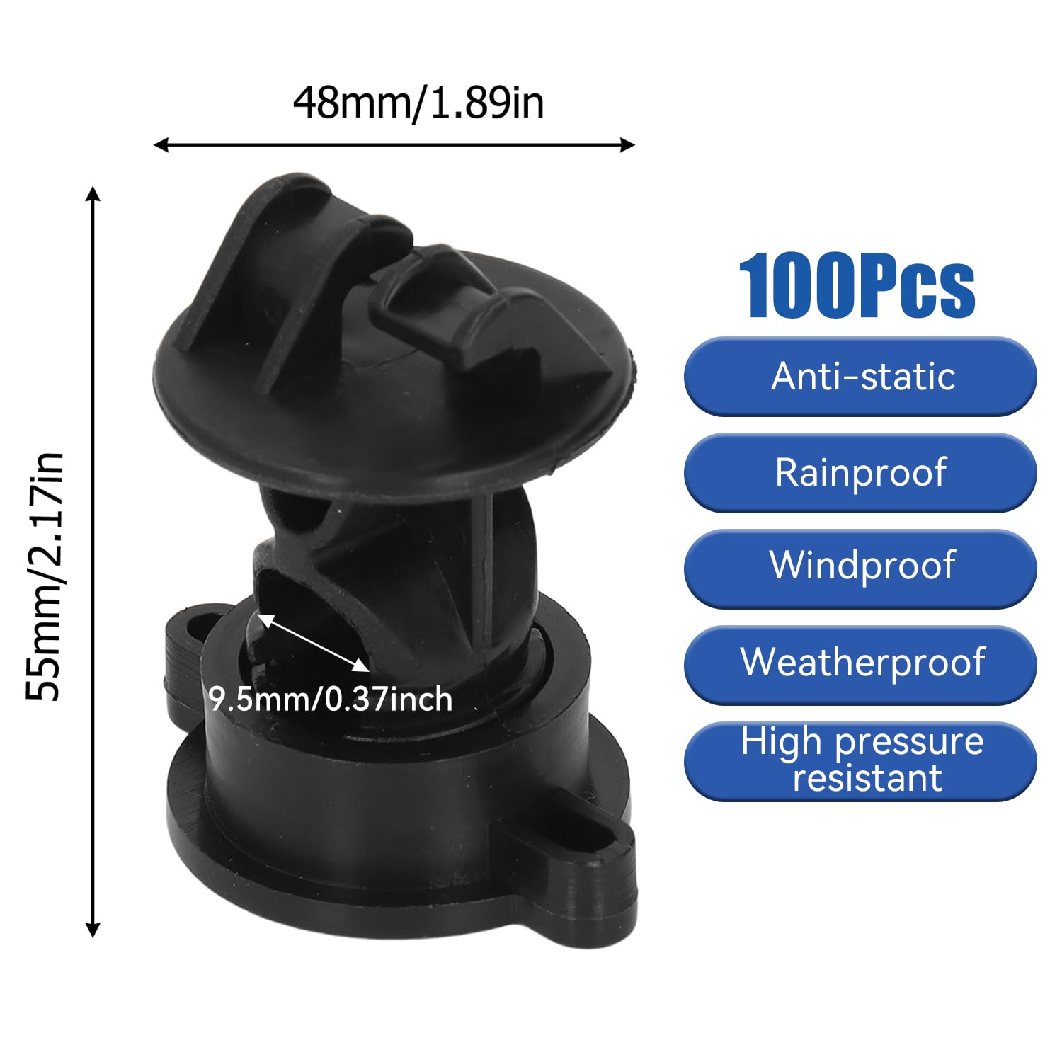Tissting 100 Piezas Aisladores de Pastor Eléctrico en ABS – Tipo Perno para Cerca de Granja, Compatible con Varilla de 9.5mm, Tamaño 55x48mm (Negro)