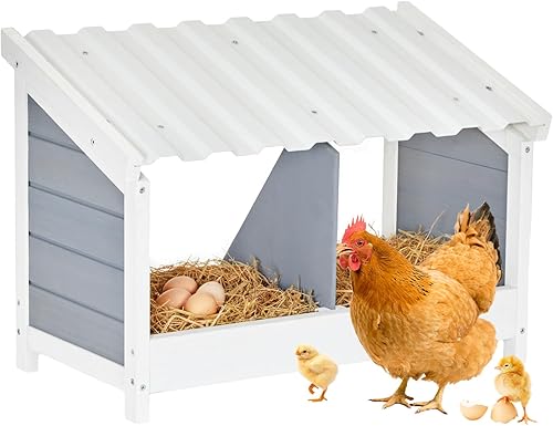 PETSFIT Caja de anidación de pollo de 2 agujeros, techo de PVC para todo tipo de clima, diseño de madera natural con panel trasero de privacidad