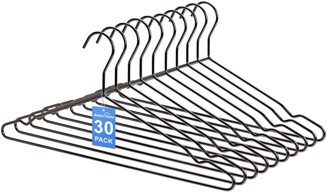 Amber Home 30 Pack 17" Strong Black Metal Wire Clothes Hangers, Heavy Duty Coat Hangers, Standard Suit Hangers for Jacket, Shirt, Dress (Black, 30)