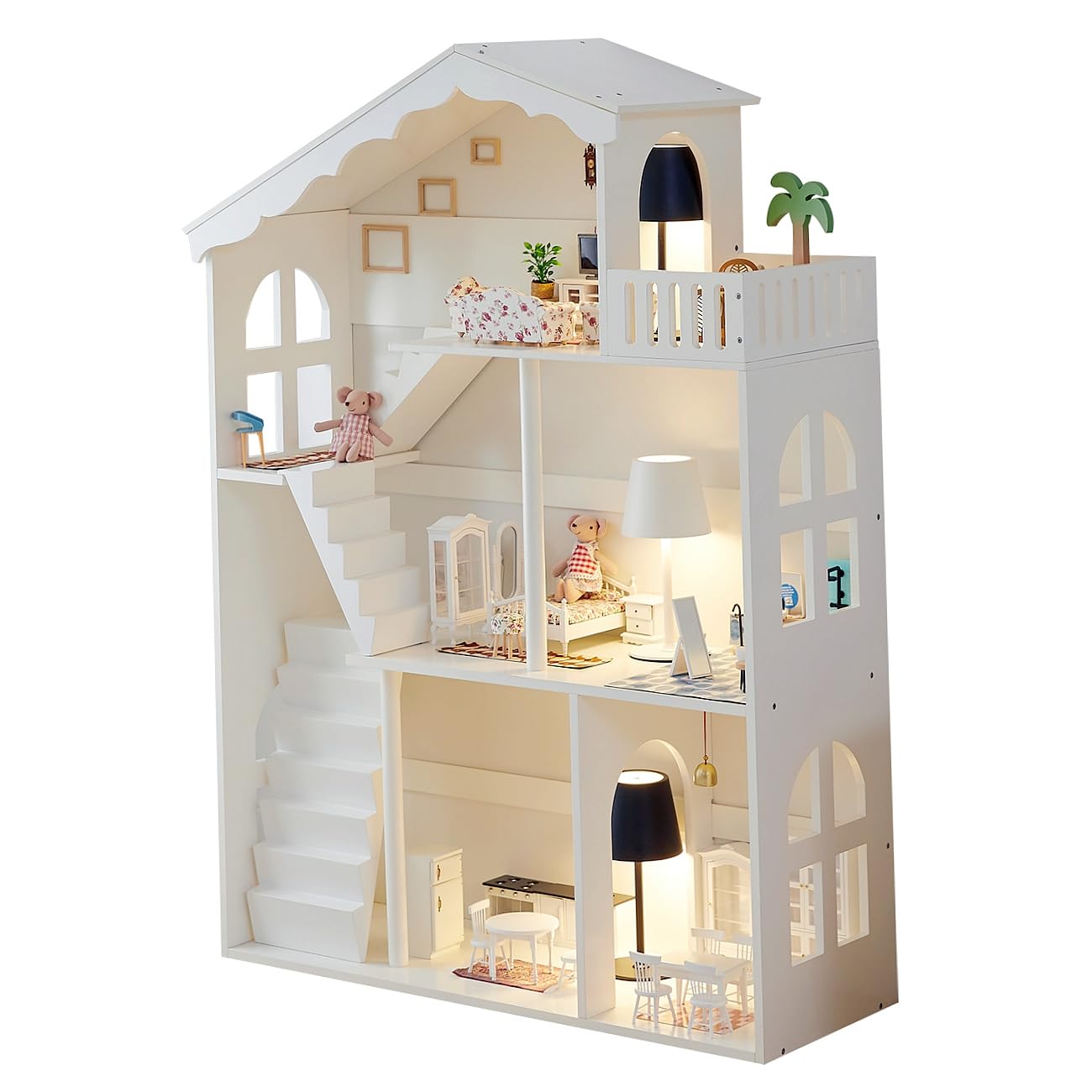 Wooden Dollhouse Bookcase for Kids Bookshelf Doll house Toys Books Storage Organiser Shelf with 3 Tier Display Shelving Unit White Storage Rack Children's Bedroom Furniture