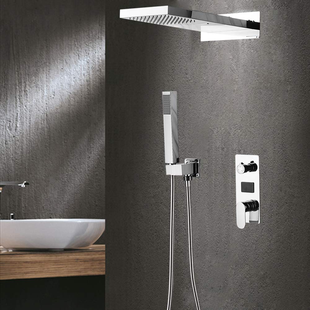 Robinet de douche mural avec douche à effet pluie - Mitigeur Douche - Avec douchette à main - Montage mural - Design cascade - Système de douche à LED thermostatique