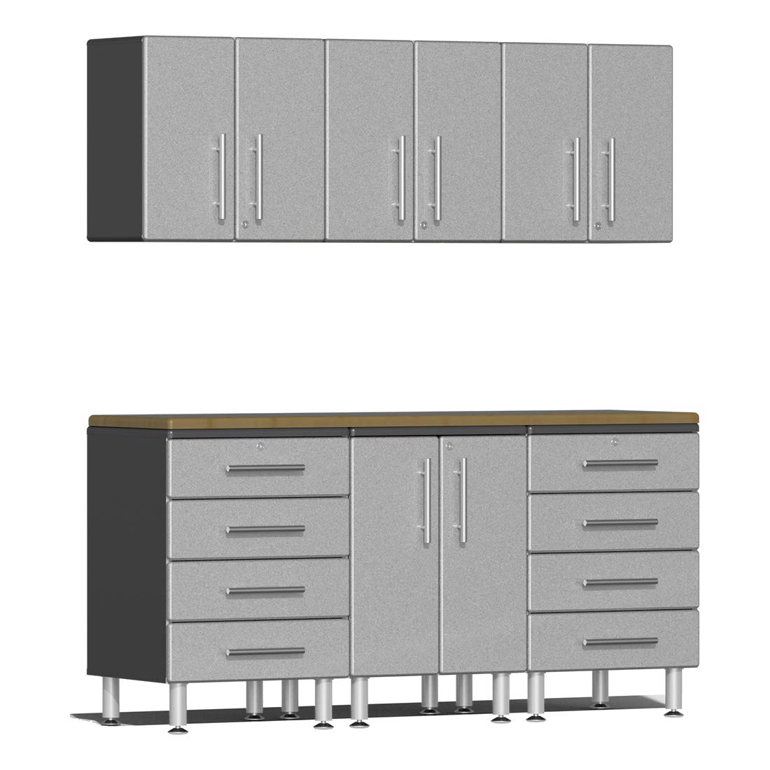 Ulti-MATE UG22072S 7-Piece Garage Cabinet Kit with Bamboo Worktop in Stardust Silver Metallic