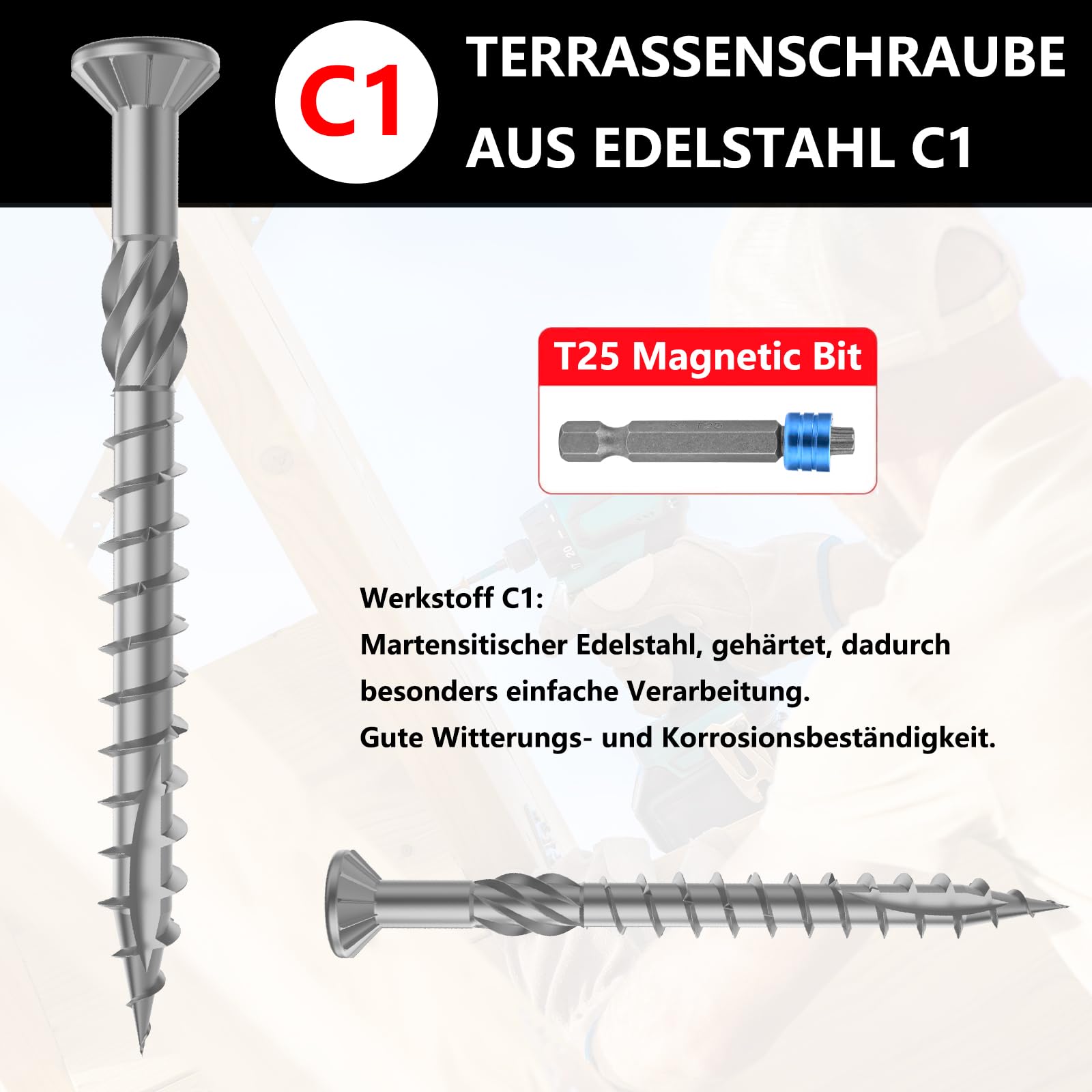 TCO Decking Screws Stainless Steel C1 5 x 50 mm Pack of 200 Including TX 25 Magnetic Bit, Decorative Countersunk Head - Image 2