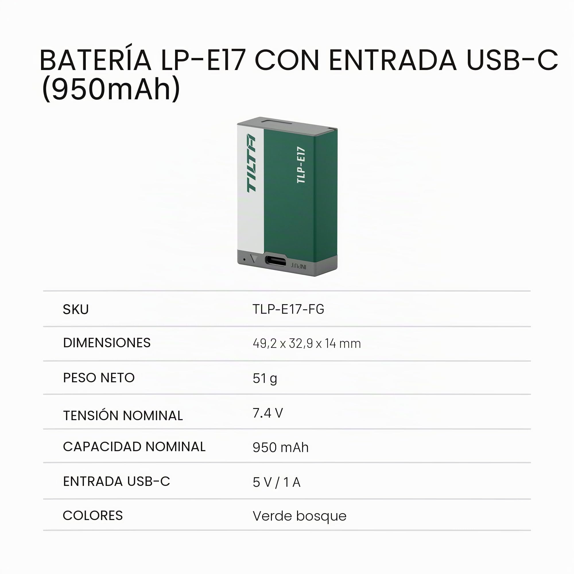 Batería Tilta LP-E17, USB-C R50 Compatible con Canon EOS R100 R50 RP R8 R10, Powershot V1, Rebel T8i T7i T6i T6s SL2 SL3 EOS M3, M5, M6, EOS 200D 77D 750D 760D Cámaras TLP-E17-FG