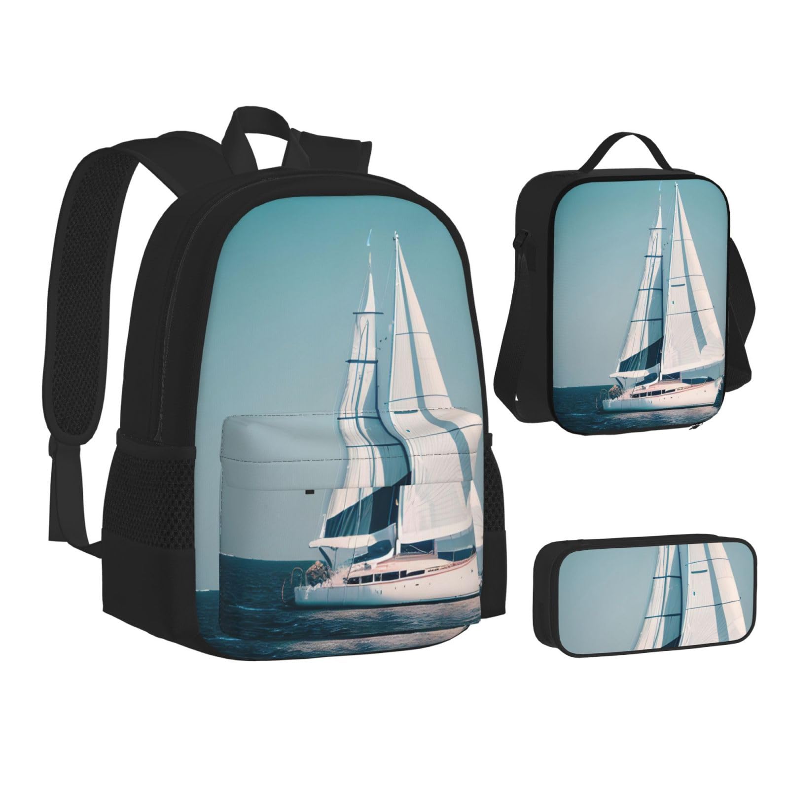 Juego de mochila 3 en 1 con estampado de paisaje de velero con bolsa de almuerzo y estuche, adecuado para trabajo, picnic, viajes, Negro -, Talla única